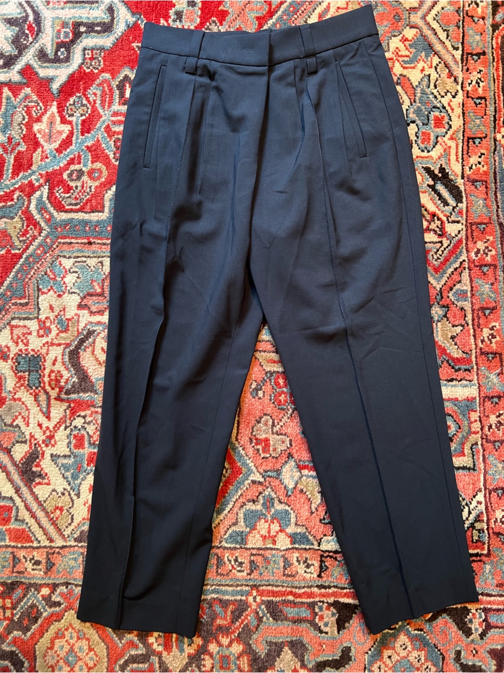 Brunello Cucinelli Navy Wool Pleated Straight Leg Trousers— Womens 2